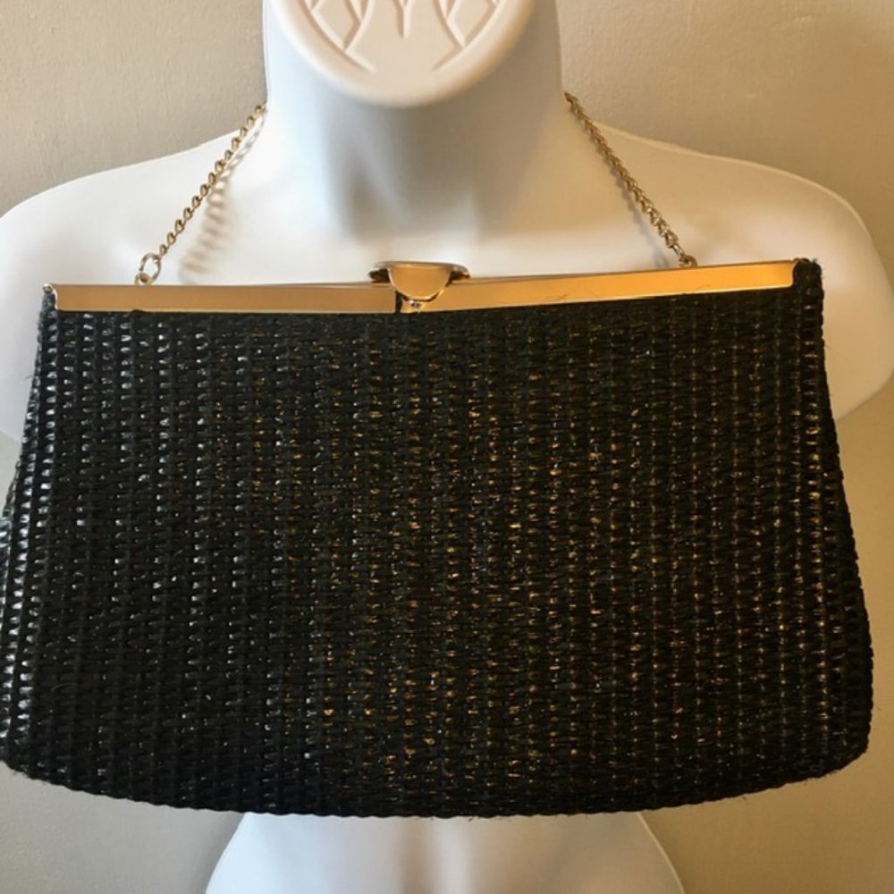 Saddle River Vintage Straw Clutch Crossbody Shoulder Black